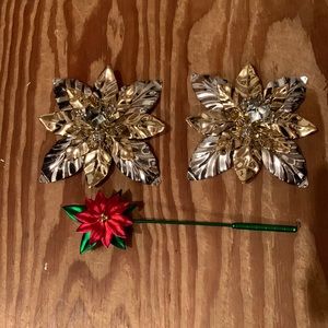 2 dept 56 Christmas poinsettia candle holders & candle snuffer
